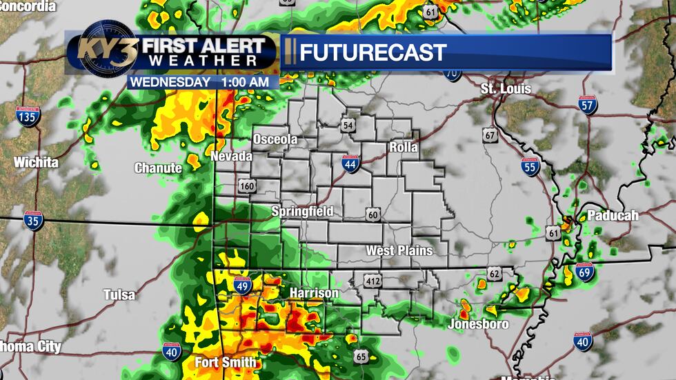 Watching the northwestern and southern Ozarks for strong to severe storms around midnight...