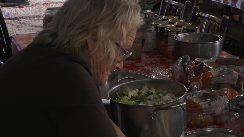 Mona Miller is prepping stuffing ingredients at Stage Coach RV Park in Branson, Mo.