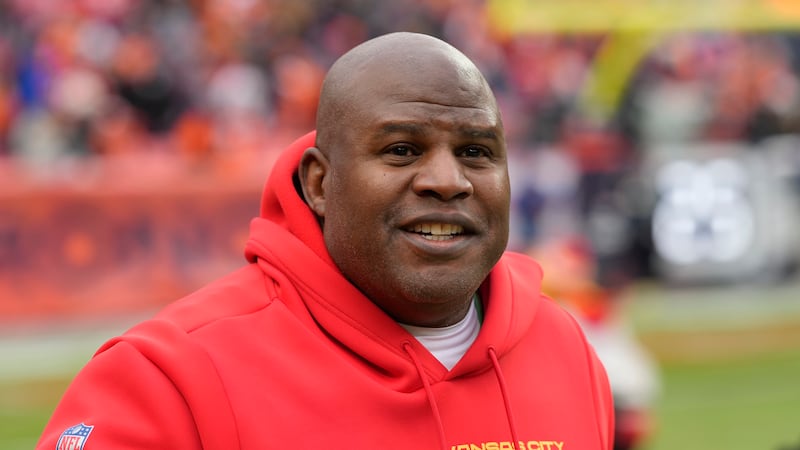 Kansas City Chiefs offensive coordinator Eric Bieniemy is shown before an NFL football game...