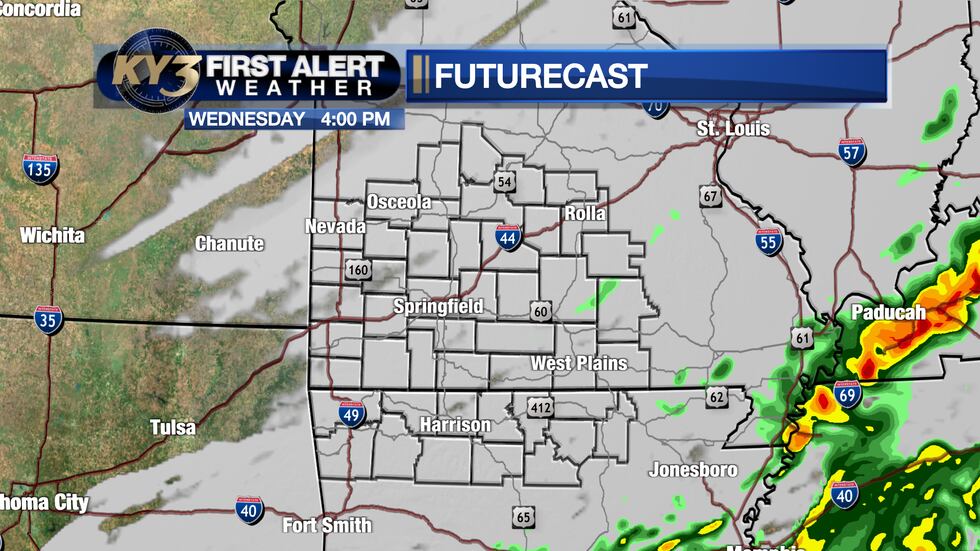 Rain chances gone from the southeastern Ozarks no later than 4 PM Wednesday with clouds...