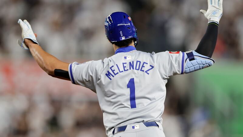Kansas City Royals' MJ Melendez (1) reacts as he rounds the bases after hitting a solo home...