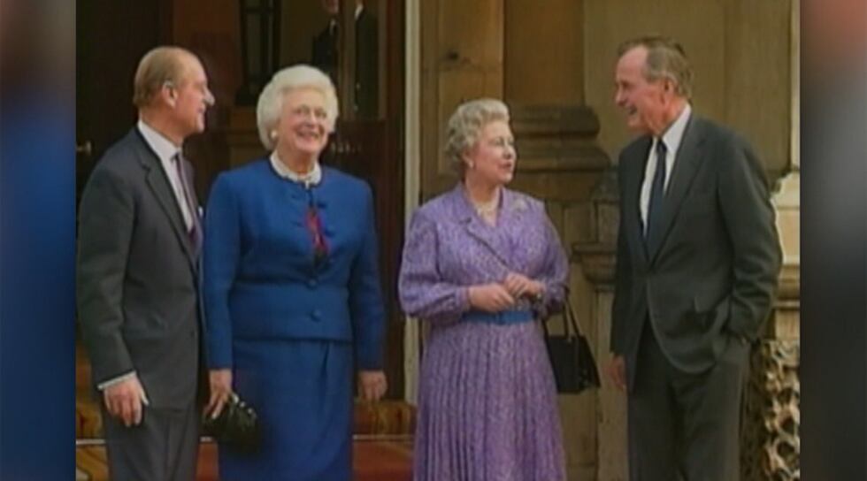 Prince Philip, then-first lady Barbara Bush, Queen Elizabeth and then-President George H.W....