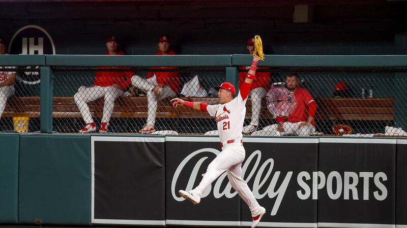 St. Louis Cardinals right fielder Lars Nootbaar catches a fly ball for an out against Tampa...