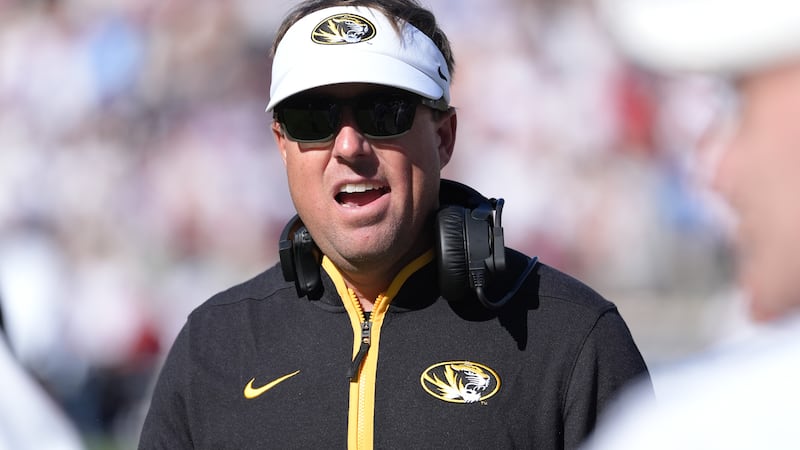 Missouri head coach Eli Drinkwitz calls out towards officials during the first half of an NCAA...