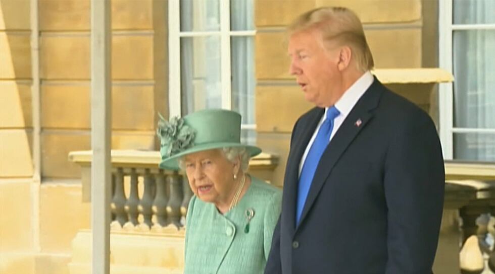 Queen Elizabeth is shown with then-President Donald Trump during his visit to Buckingham...