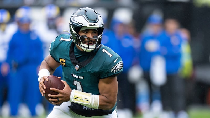 Philadelphia Eagles quarterback Jalen Hurts (1) in action during an NFL football game against...