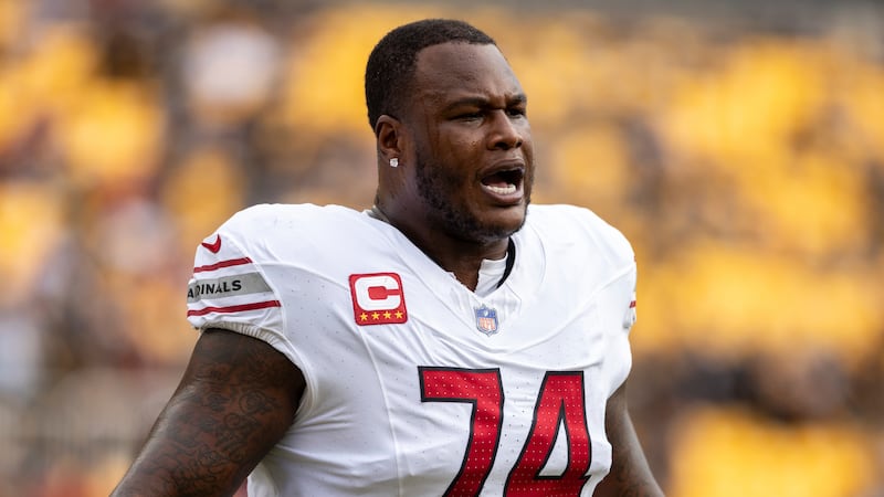 Arizona Cardinals offensive tackle D.J. Humphries (74) reacts before an NFL football game,...